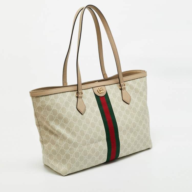 Pre Owned Gucci Beige/White GG Supreme Canvas Large Ophidia Tote