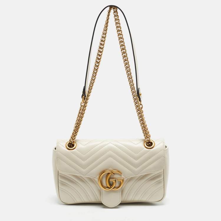 Pre Owned Gucci Off White Matelassé Leather Small GG Marmont Shoulder Bag