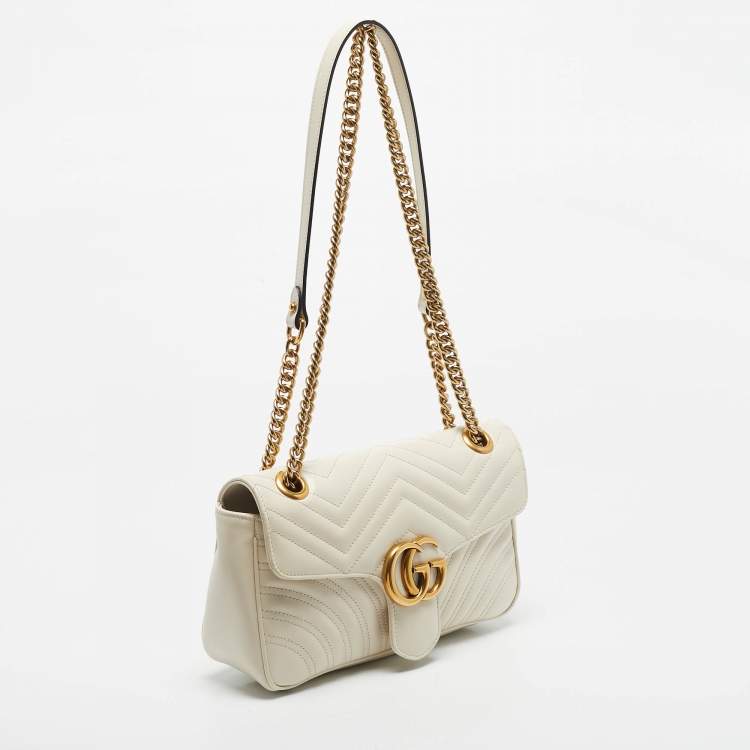 Pre Owned Gucci Off White Matelassé Leather Small GG Marmont Shoulder Bag