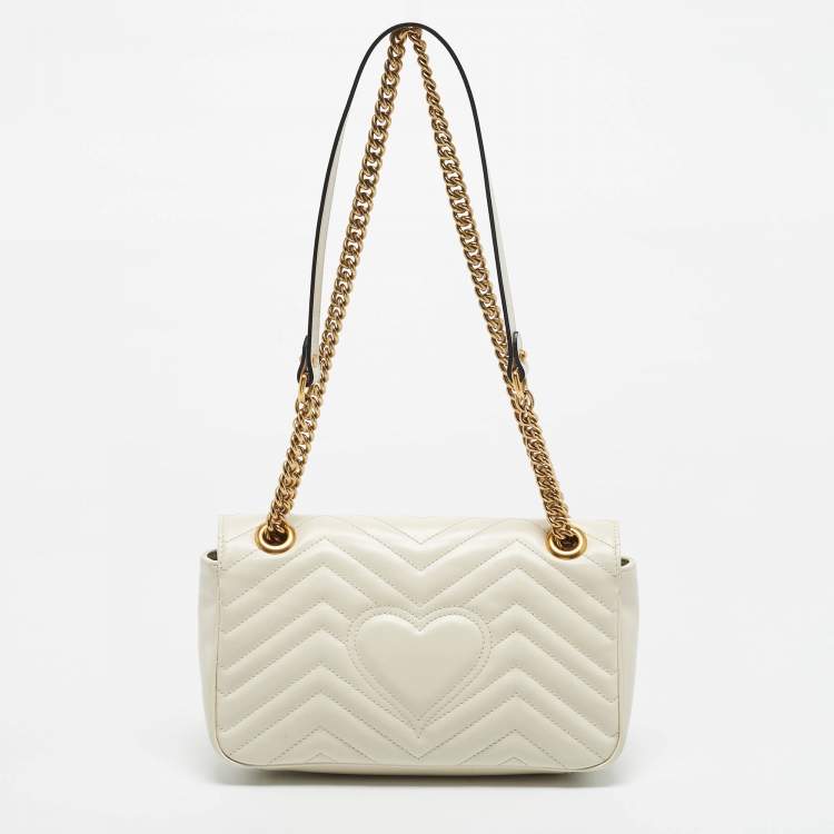 Pre Owned Gucci Off White Matelassé Leather Small GG Marmont Shoulder Bag