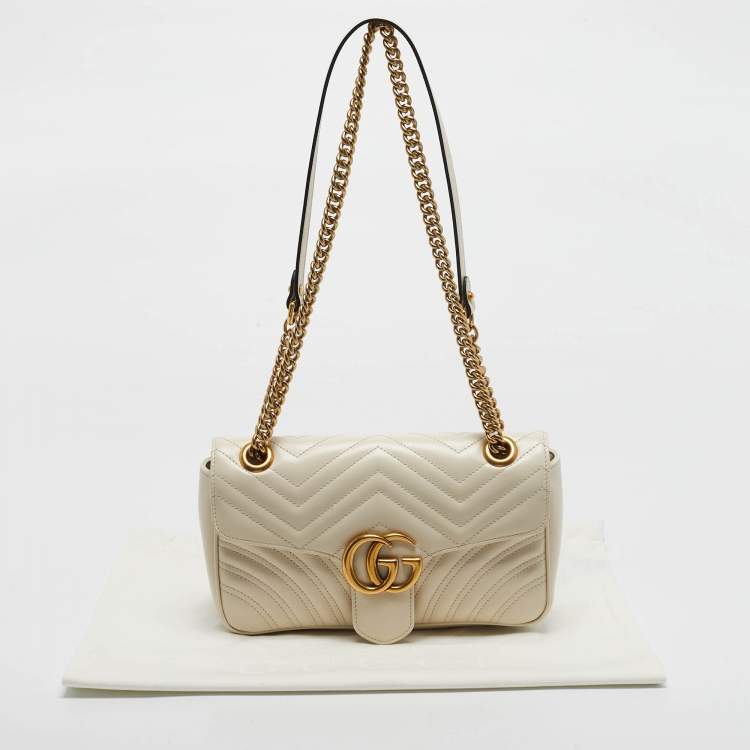 Pre Owned Gucci Off White Matelassé Leather Small GG Marmont Shoulder Bag