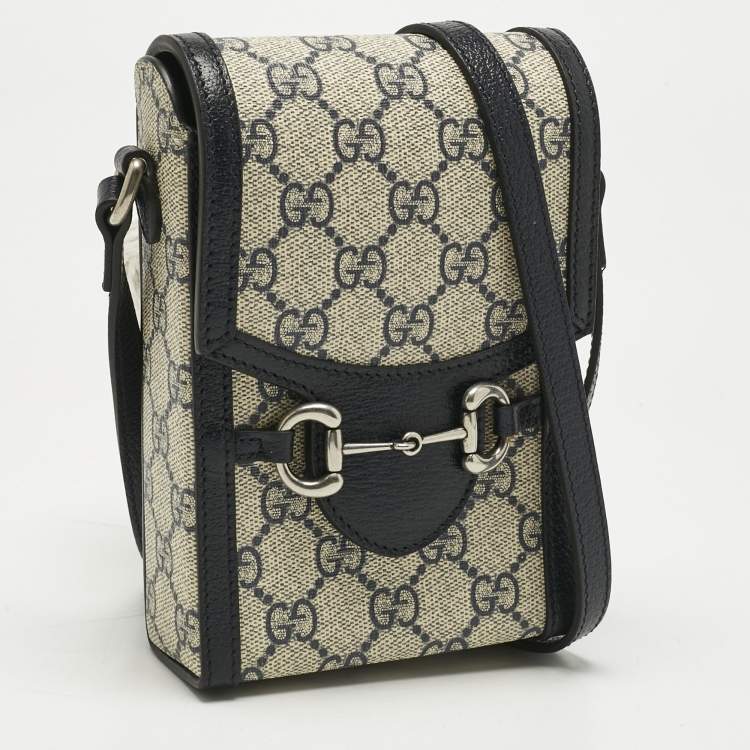 Pre Owned Gucci Beige/Navy Blue GG Supreme Canvas and Leather Mini Horsebit 1955 Bag