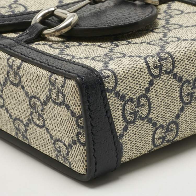 Pre Owned Gucci Beige/Navy Blue GG Supreme Canvas and Leather Mini Horsebit 1955 Bag