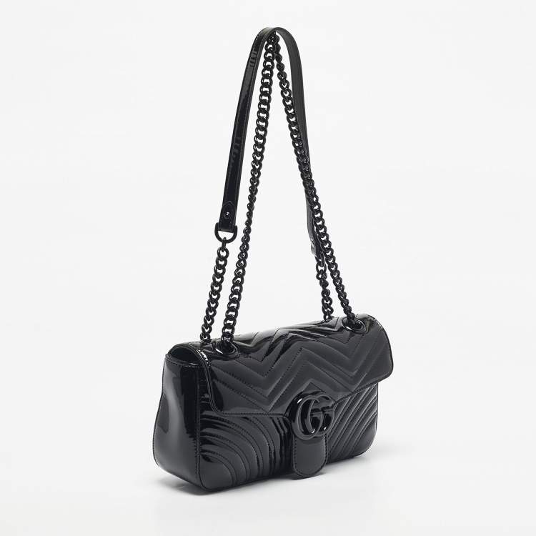 Pre Owned Gucci Black Matelassé Patent Leather Medium GG Marmont Shoulder Bag