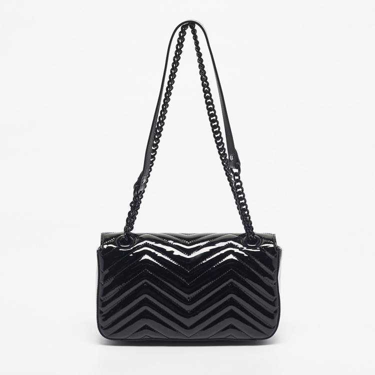 Pre Owned Gucci Black Matelassé Patent Leather Medium GG Marmont Shoulder Bag