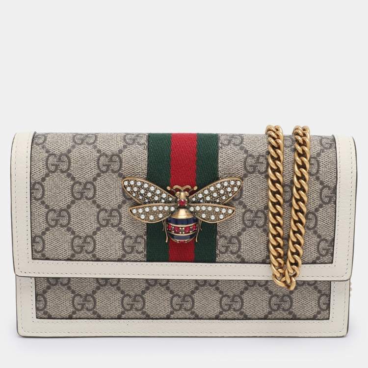 Pre Owned Gucci White/Beige GG Supreme Canvas and Leather Queen Margaret Wallet On Chain