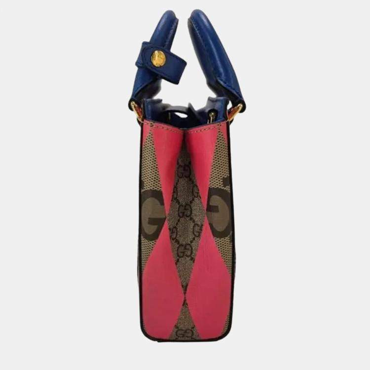 Pre Owned Gucci  GG Supreme Monogram Calfskin Rhombus Mini Tote Bag Beige Ebony Pink Blue