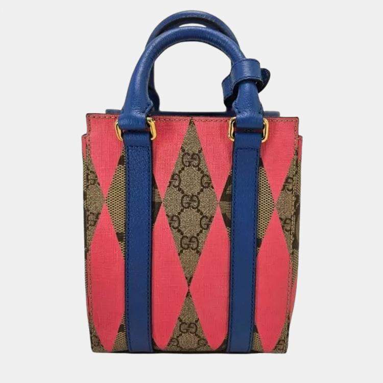 Pre Owned Gucci  GG Supreme Monogram Calfskin Rhombus Mini Tote Bag Beige Ebony Pink Blue