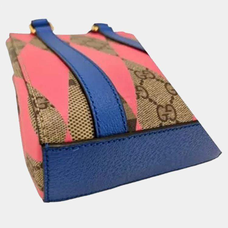 Pre Owned Gucci  GG Supreme Monogram Calfskin Rhombus Mini Tote Bag Beige Ebony Pink Blue