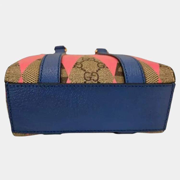 Pre Owned Gucci  GG Supreme Monogram Calfskin Rhombus Mini Tote Bag Beige Ebony Pink Blue
