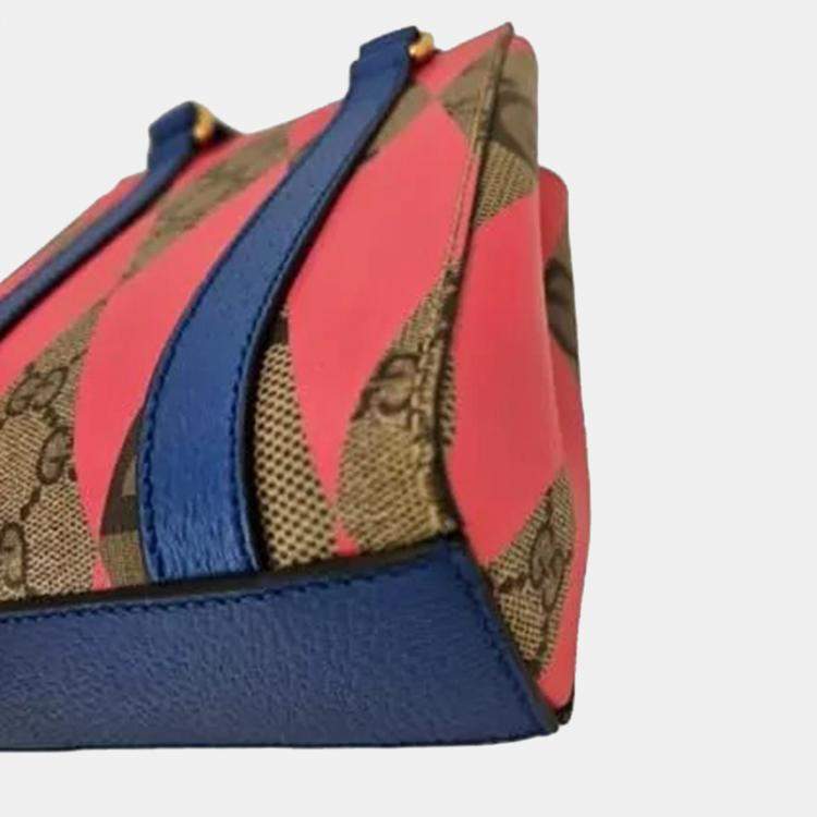 Pre Owned Gucci  GG Supreme Monogram Calfskin Rhombus Mini Tote Bag Beige Ebony Pink Blue