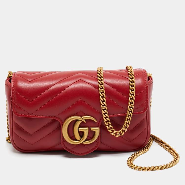 Pre Owned Gucci Red Matelassé Leather Super Mini GG Marmont Shoulder Bag