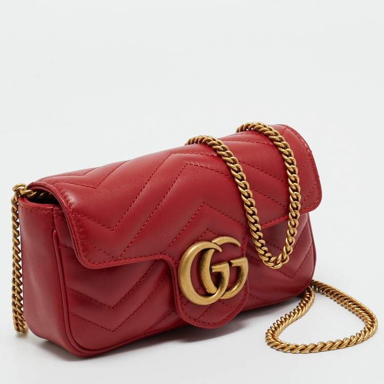 Pre Owned Gucci Red Matelassé Leather Super Mini GG Marmont Shoulder Bag
