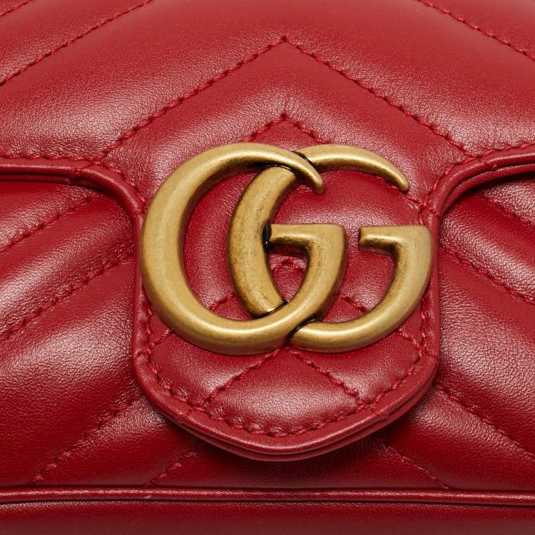 Pre Owned Gucci Red Matelassé Leather Super Mini GG Marmont Shoulder Bag