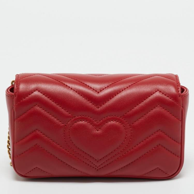 Pre Owned Gucci Red Matelassé Leather Super Mini GG Marmont Shoulder Bag