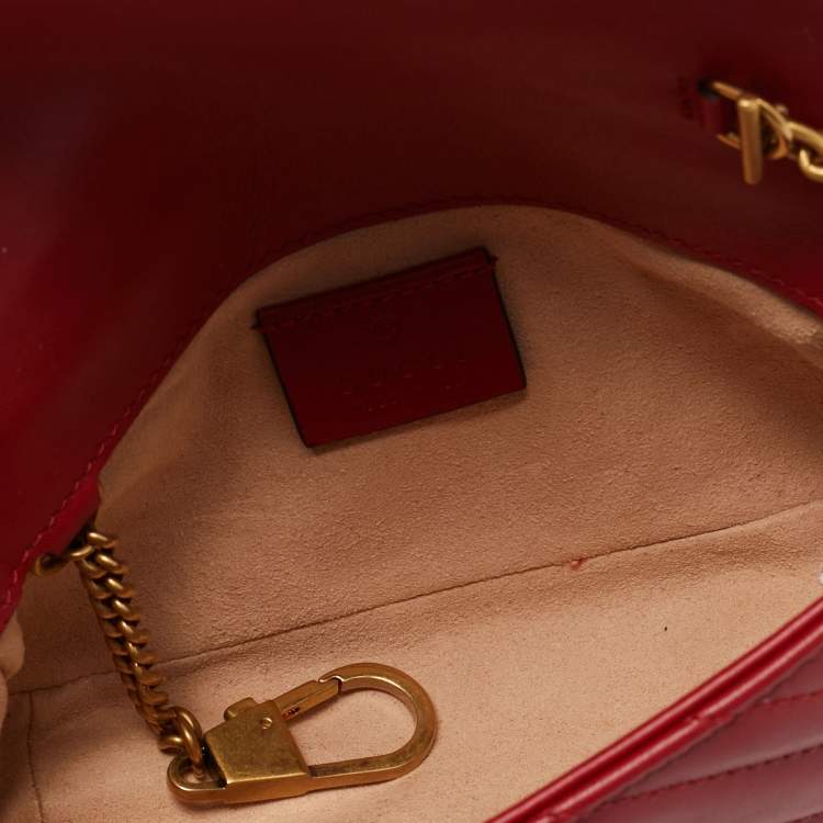 Pre Owned Gucci Red Matelassé Leather Super Mini GG Marmont Shoulder Bag