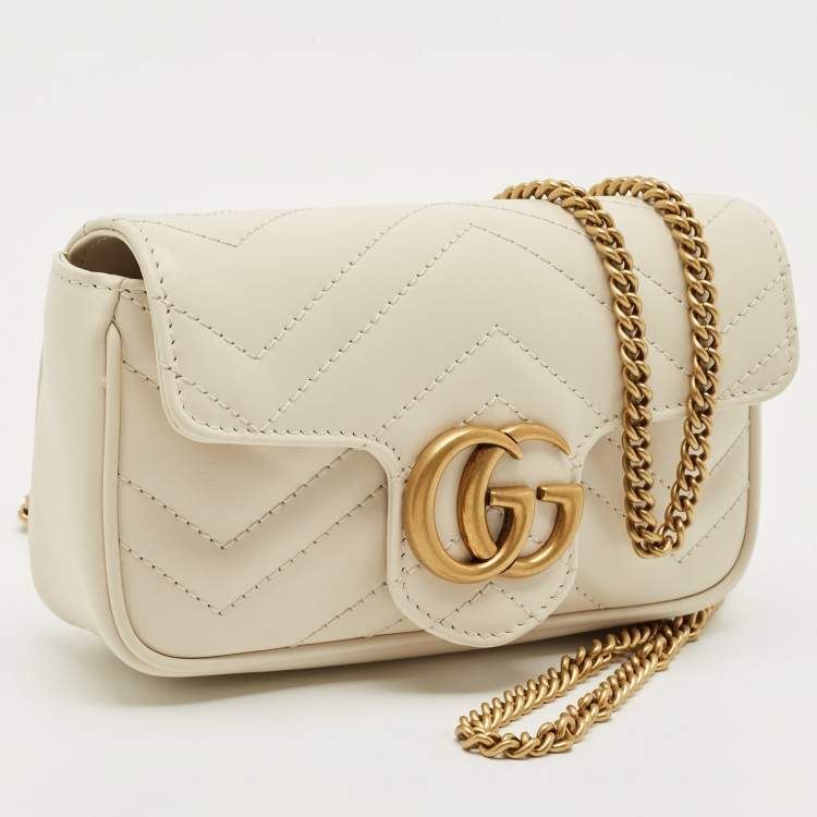 Pre Owned Gucci Off White Matelassé Leather Super Mini GG Marmont Shoulder Bag