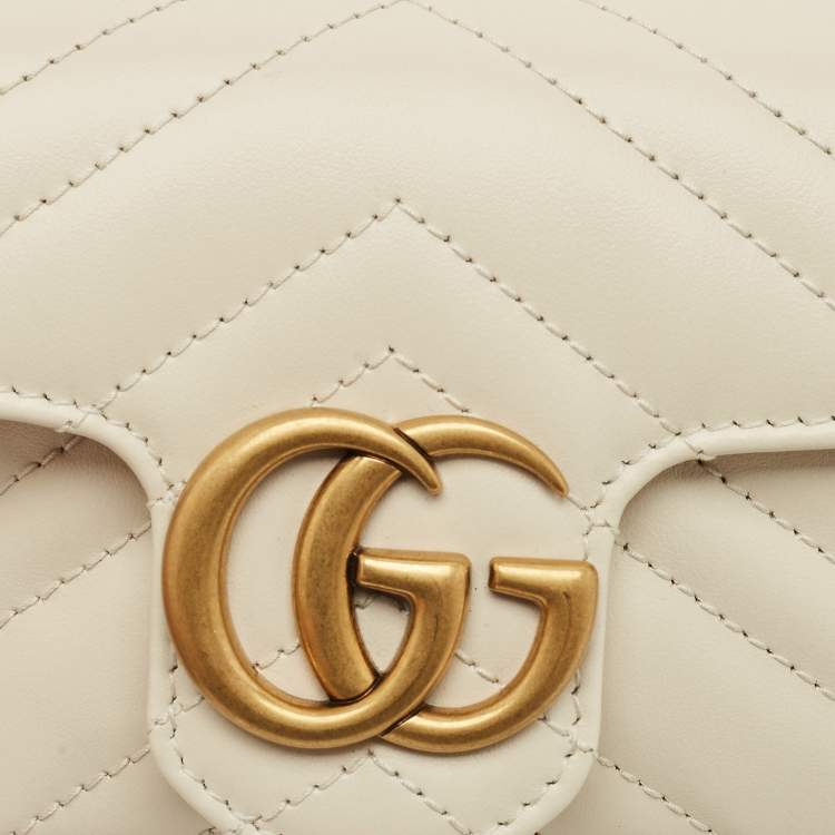 Pre Owned Gucci Off White Matelassé Leather Super Mini GG Marmont Shoulder Bag