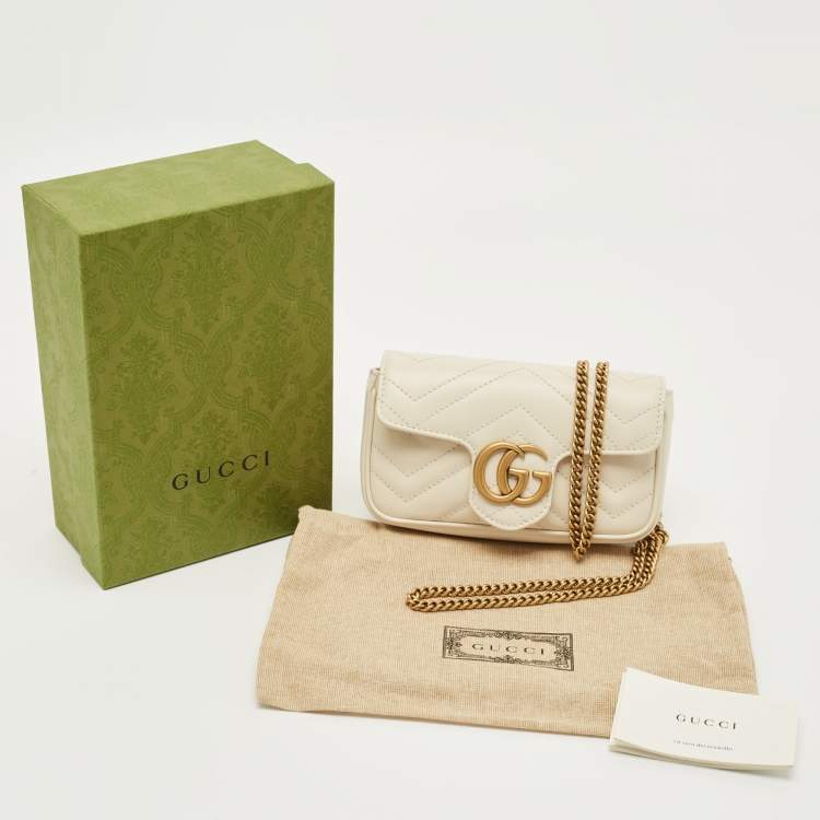 Pre Owned Gucci Off White Matelassé Leather Super Mini GG Marmont Shoulder Bag