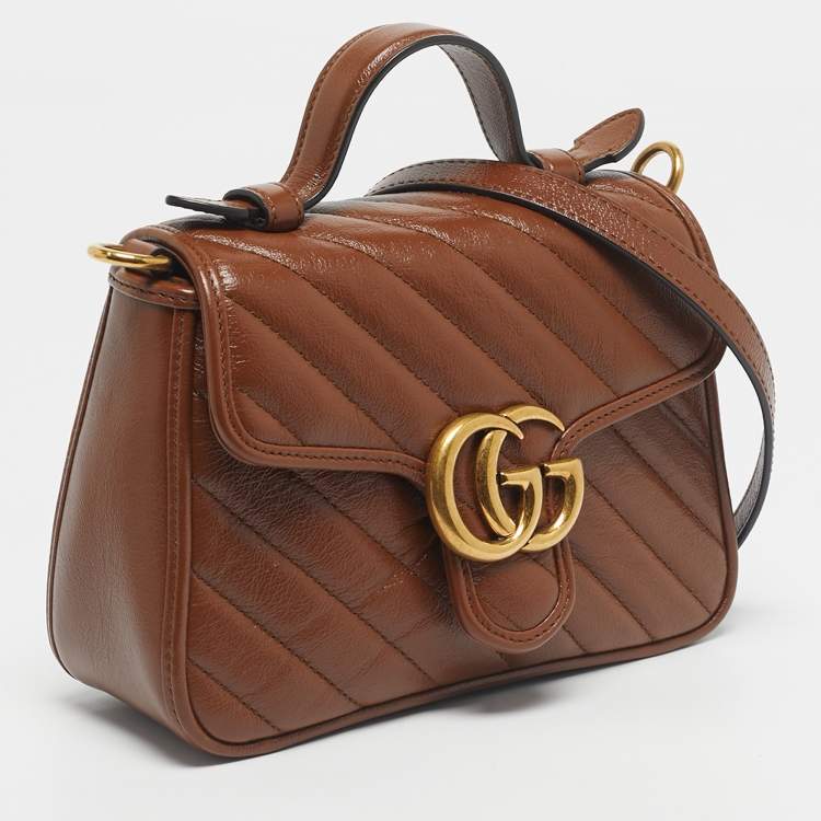 Pre Owned Gucci Brown Matelassé Leather Mini GG Marmont Top Handle Bag