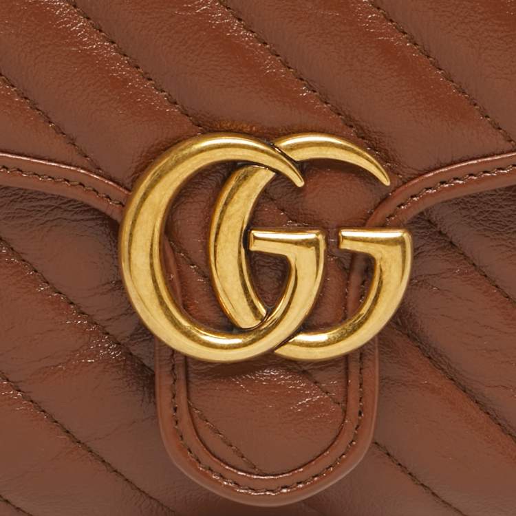 Pre Owned Gucci Brown Matelassé Leather Mini GG Marmont Top Handle Bag