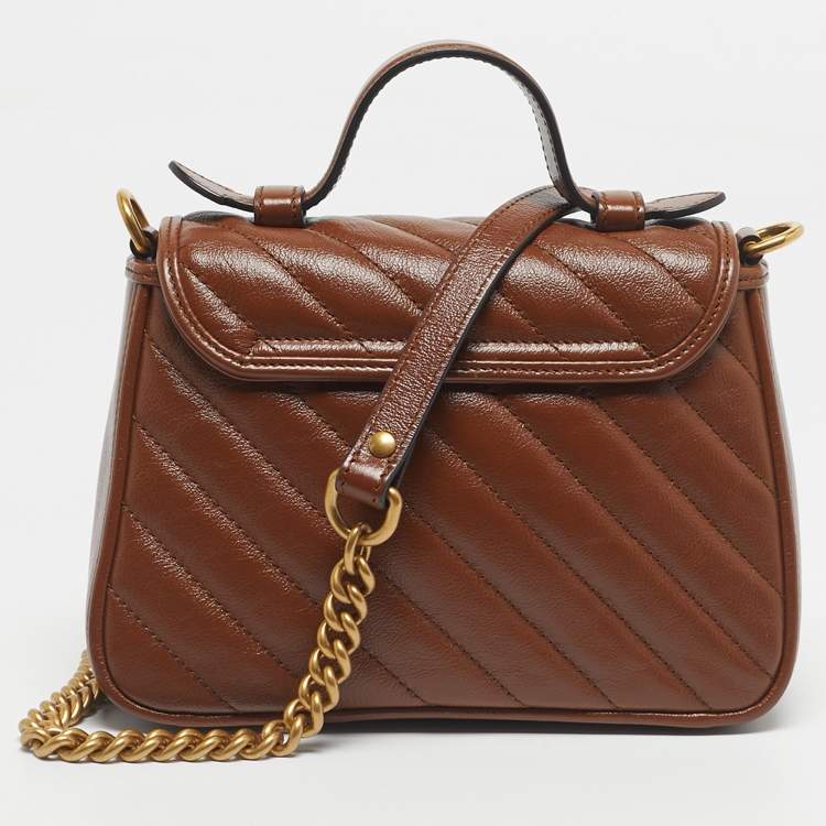 Pre Owned Gucci Brown Matelassé Leather Mini GG Marmont Top Handle Bag