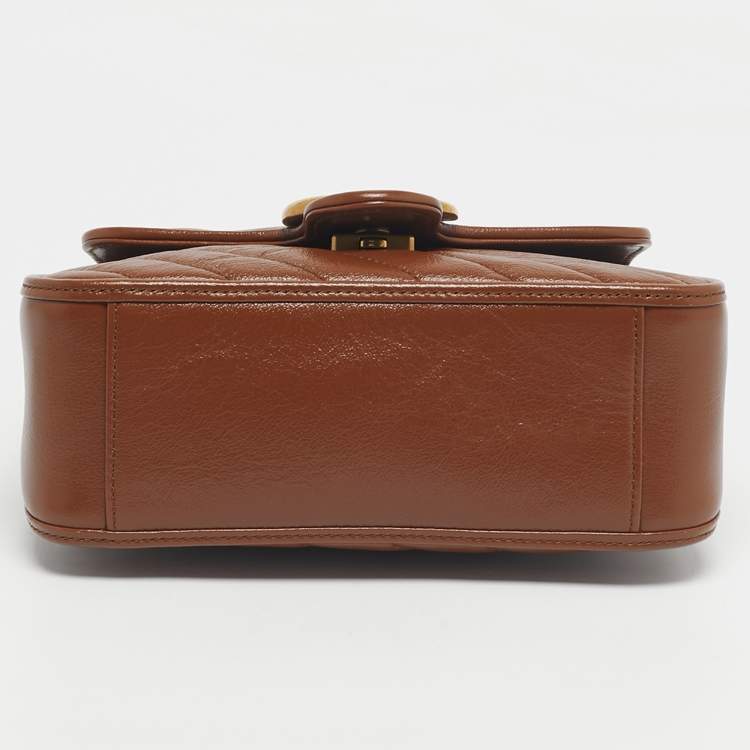 Pre Owned Gucci Brown Matelassé Leather Mini GG Marmont Top Handle Bag
