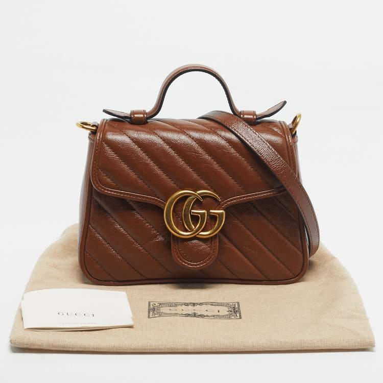 Pre Owned Gucci Brown Matelassé Leather Mini GG Marmont Top Handle Bag