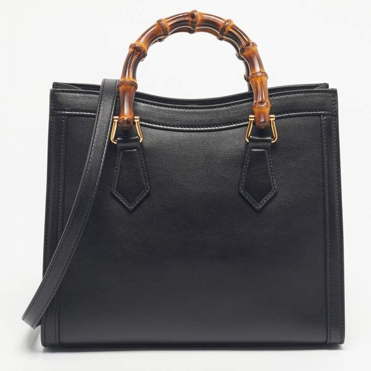 Pre Owned Gucci Black Leather Small Bamboo Diana Tote
