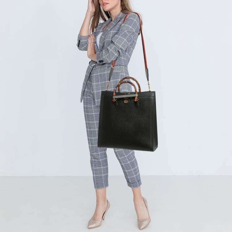 Pre Owned Gucci Black Leather Large Bamboo Diana Tote