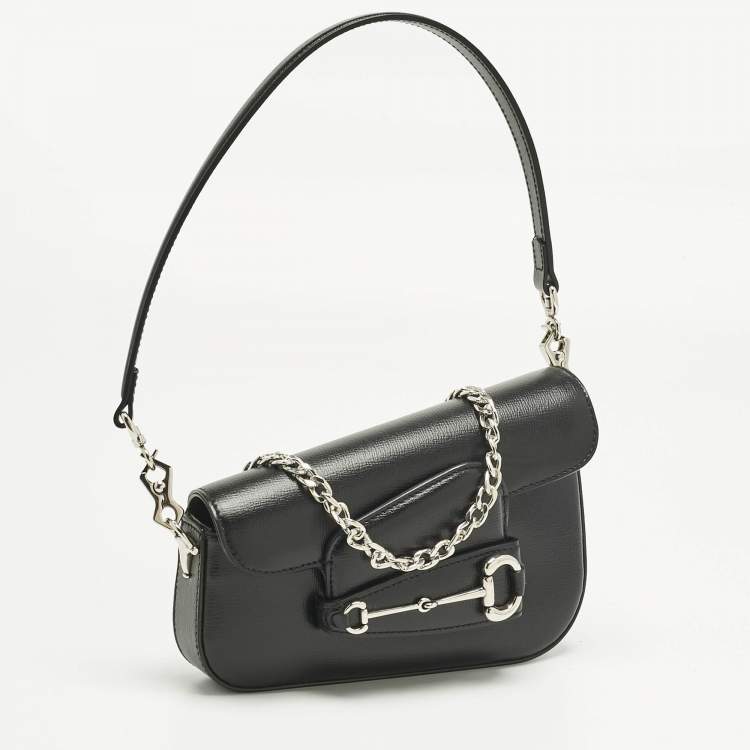 Pre Owned Gucci Black Leather Mini Horsebit 1955 Asymmetric Shoulder Bag
