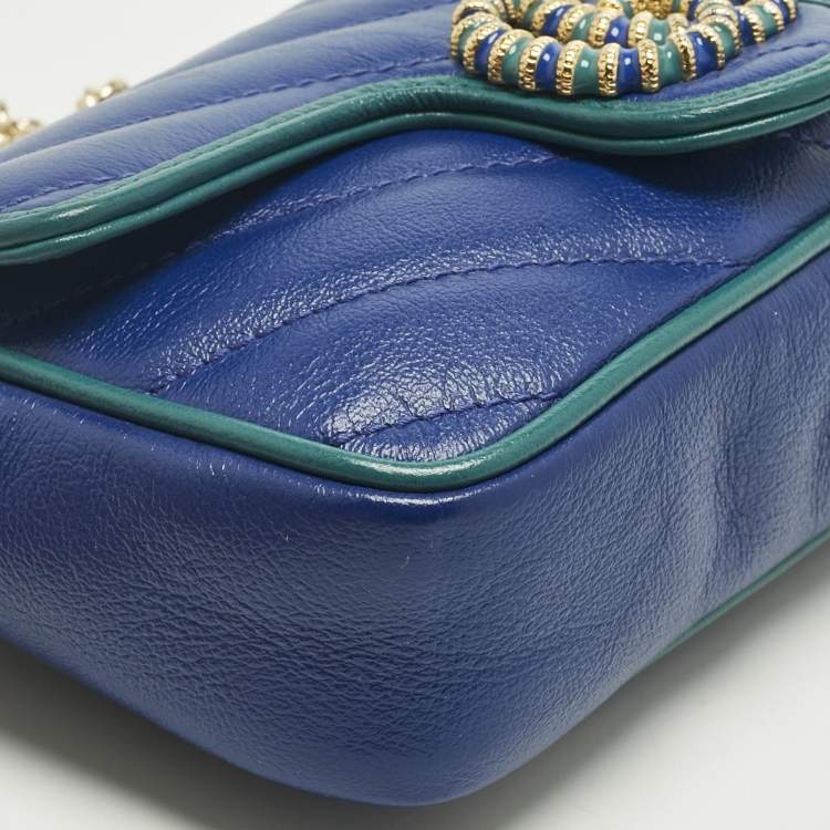 Pre Owned Gucci Blue/Green Diagonal Quilt Leather Super Mini GG Marmont Torchon Shoulder Bag