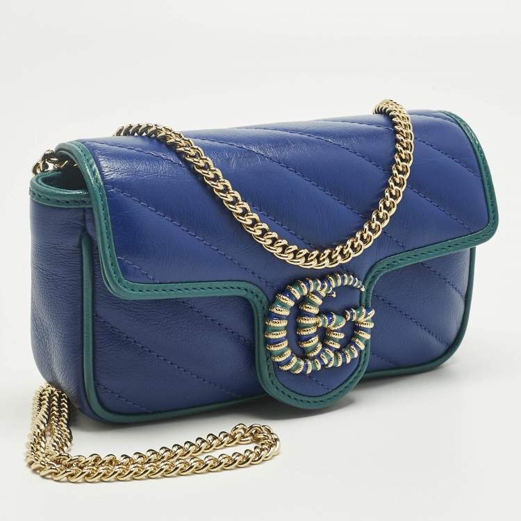 Pre Owned Gucci Blue/Green Diagonal Quilt Leather Super Mini GG Marmont Torchon Shoulder Bag
