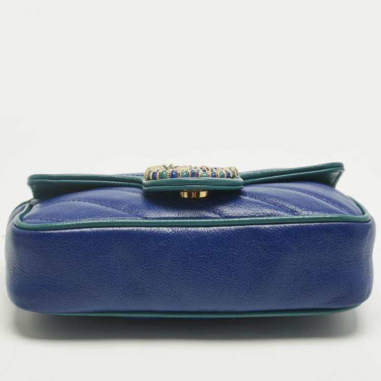 Pre Owned Gucci Blue/Green Diagonal Quilt Leather Super Mini GG Marmont Torchon Shoulder Bag