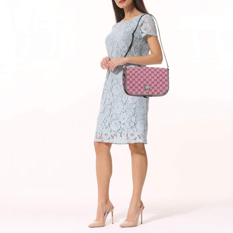 Pre Owned Gucci Pink/Navy Blue GG Canvas and Leather Messenger Bag