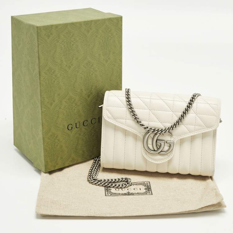 Pre Owned Gucci GG Marmont Off White Mix Quilted Leather Wallet On Chain