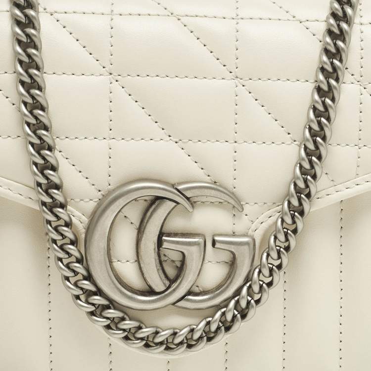 Pre Owned Gucci GG Marmont Off White Mix Quilted Leather Wallet On Chain
