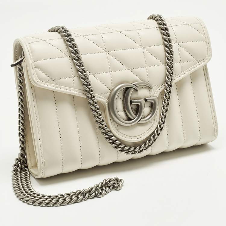 Pre Owned Gucci GG Marmont Off White Mix Quilted Leather Wallet On Chain