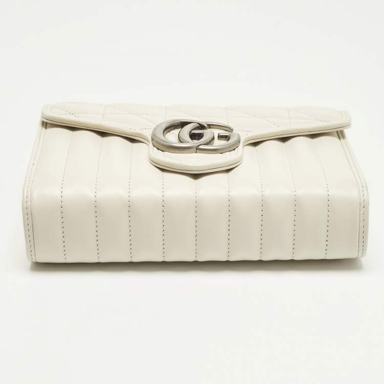 Pre Owned Gucci GG Marmont Off White Mix Quilted Leather Wallet On Chain