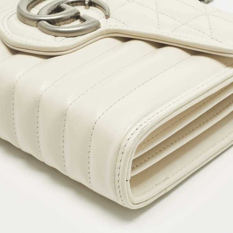 Pre Owned Gucci GG Marmont Off White Mix Quilted Leather Wallet On Chain