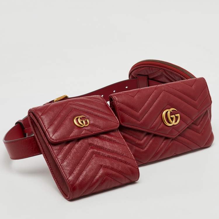 Pre Owned Gucci GG Marmont 2.0 Red Matelasse Leather Multi Belt Bag