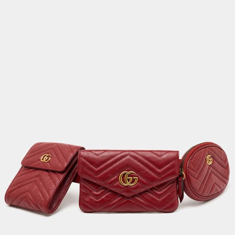 Pre Owned Gucci GG Marmont 2.0 Red Matelasse Leather Multi Belt Bag