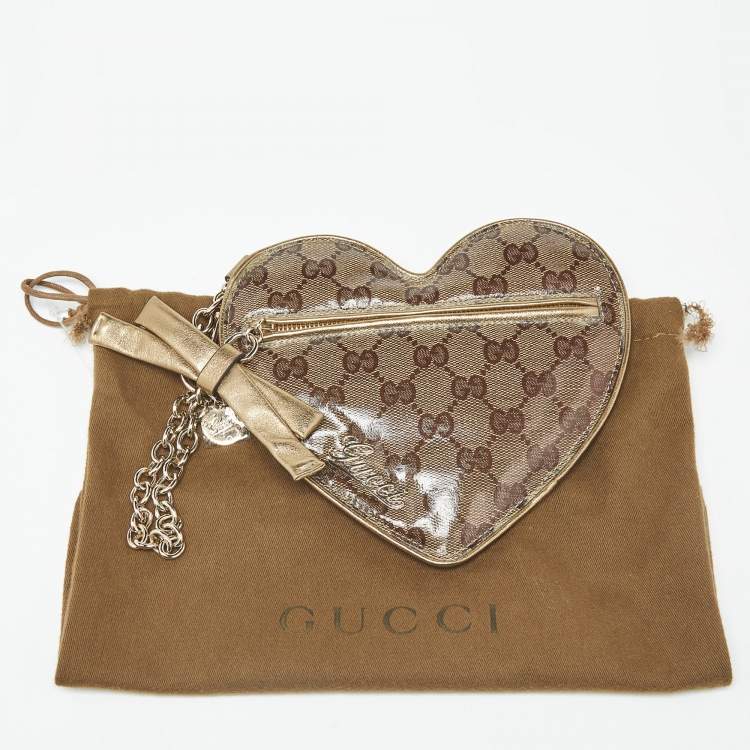 Pre Owned Gucci Heart Beige/Gold GG Crystal Canvas and Leather Pouch