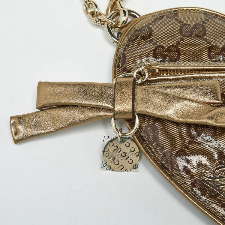 Pre Owned Gucci Heart Beige/Gold GG Crystal Canvas and Leather Pouch