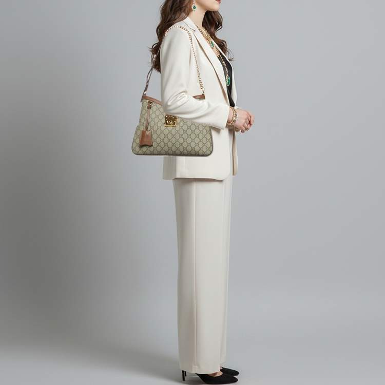 Pre Owned Gucci Padlock Brown/Beige GG Supreme Canvas and Leather Shoulder Bag