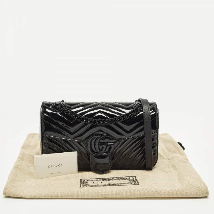 Pre Owned Gucci GG Marmont Medium Black Matelassé Patent Leather Shoulder Bag