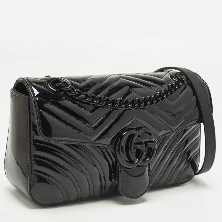 Pre Owned Gucci GG Marmont Medium Black Matelassé Patent Leather Shoulder Bag
