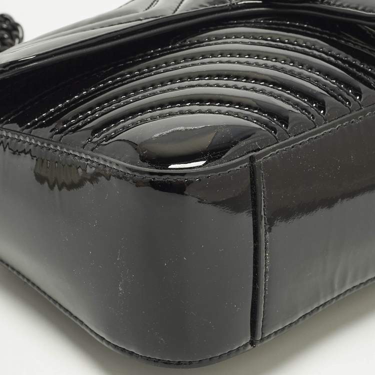 Pre Owned Gucci GG Marmont Medium Black Matelassé Patent Leather Shoulder Bag