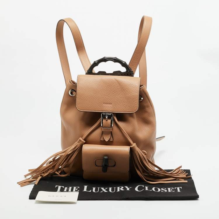 Pre Owned Gucci Bamboo Tassel Beige Leather Drawstring Backpack