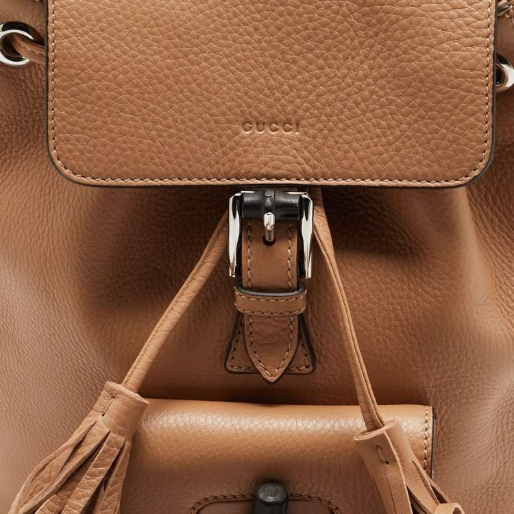 Pre Owned Gucci Bamboo Tassel Beige Leather Drawstring Backpack